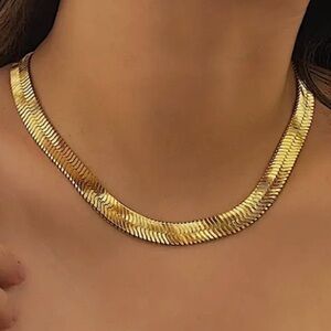 Gold Herringbone Necklace, Choker, 10mm Width, Men Women